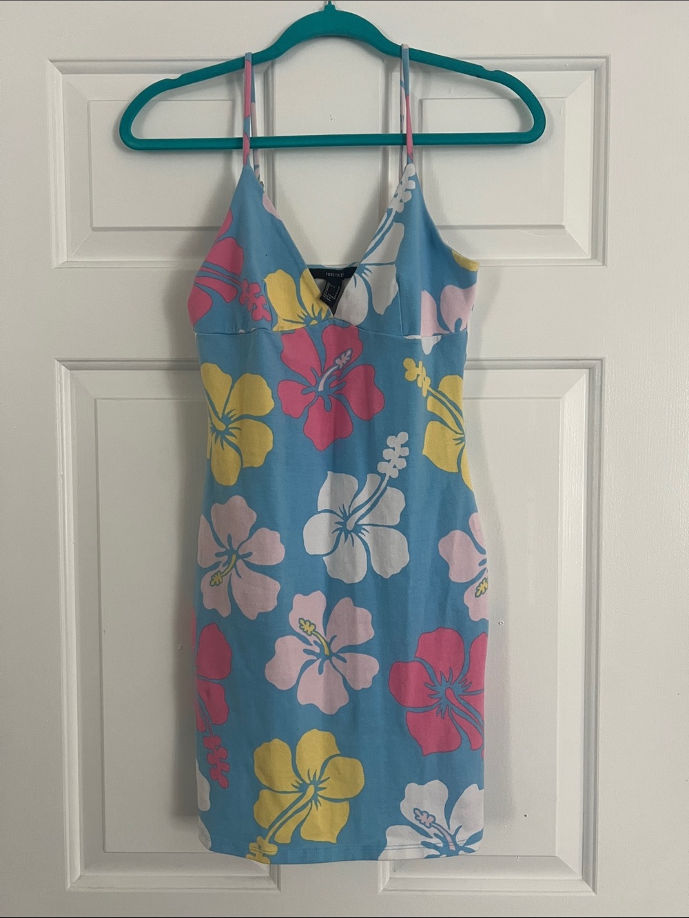 Forever 21 Blue Floral Mini Dress with Pink, Yellow, White Hibiscus